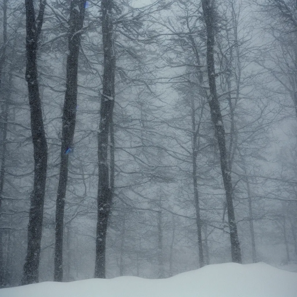 Image similar to photo, bigfoot is hiding in the background. cold color temperature, snow storm. hazy atmosphere. humidity haze. kodak ektachrome, greenish expired film, award winning, low contrast