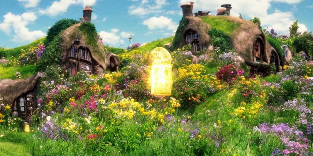 Image similar to a film still of a house from howl's moving castle!!!!! of hobbiton, light bloom, studio ghibli!!!!!