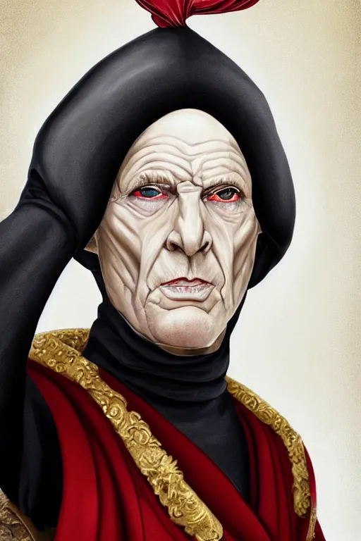 Prompt: a bald pale sorcerer in his late nineties. stately and dour in his expression. eyeliner accentuates his sunken eyes. a high black turtleneck covers his thin neck. opulent white golden red robe. white leather gloves with gold decoration, black turtleneck, sharp focus, illustration, digital painting, art by magali villeneuve