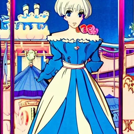 Image similar to Platinum-blonde-haired hime cut blue-eyed French empress, 1977 anime, retro anime style