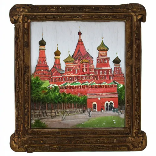 Image similar to chinese - style kremlin and chinese st. basil's cathedral on wide stone square at sawn, portrait of mao on the kremlin, gentle dawn, realistic painting