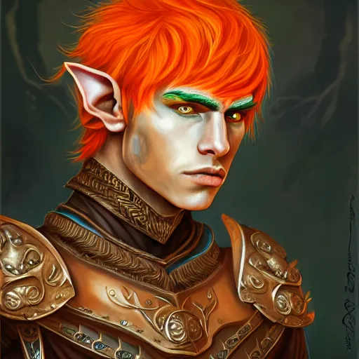 Image similar to portrait painting of an elven male teenager with short light orange hair and tribal tattoos on his face wearing fur armor, sharp focus, award - winning, trending on artstation, masterpiece, highly detailed, intricate. art by aurore folny