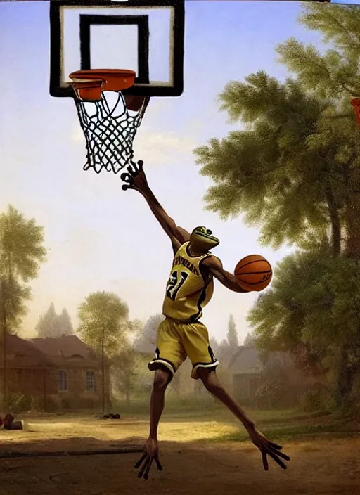 Image similar to a frog dunking a basketball into a basketball hoop highly detailed, sharp focus, matte painting, by isaac levitan and asher brown durand,