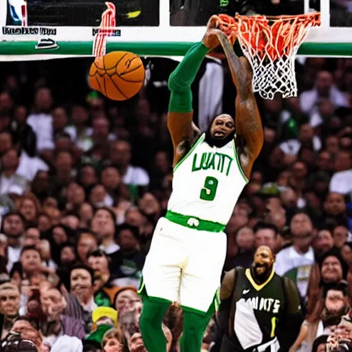 Prompt: a giant green book dunking on lebrun james