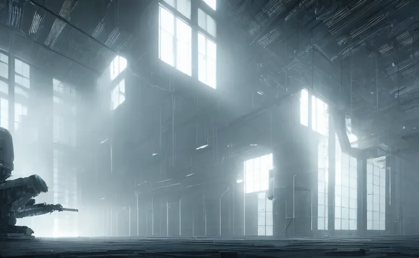 Image similar to extremely detailed cinematic movie still 3 0 7 7 foggy portrait shot of a robot in an endless data centre by denis villeneuve, wayne barlowe, simon birch, marc simonetti, philippe druillet, beeple, bright volumetric sunlight from small windows, rich moody colors