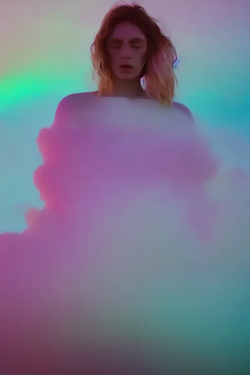 Image similar to high quality pastel coloured film close up wide angle photograph of a model wearing clothing swimming on cloud furniture in a icelandic black rock!! environment in a partially haze filled dreamstate world. three point light, rainbow. photographic production. art directed. pastel colours. volumetric clouds. pastel gradient overlay. waves glitch artefacts. extreme facial clarity. 8 k. filmic.