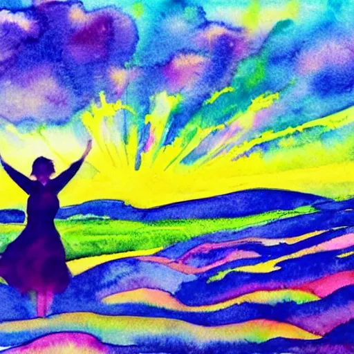 Image similar to silhouette of a girl in a field of wheat, colorful clouds in the sky, watercolor