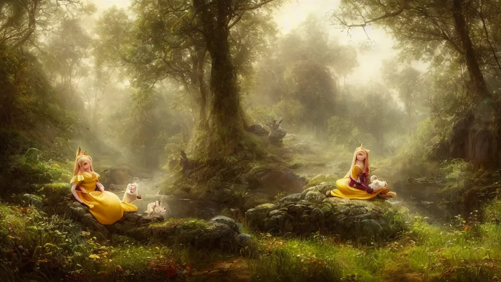 Image similar to elven princess sitting with a giant winnie the pooh in the melancholy forest. andreas achenbach, artgerm, mikko lagerstedt, zack snyder, tokujin yoshioka