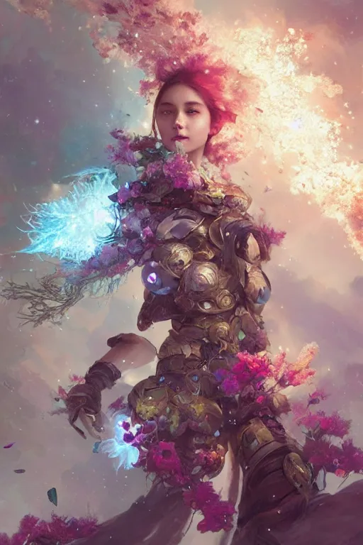 Image similar to beautiful girl covered with crystals exploding space, 3 d render, hyper realistic detailed portrait, holding magic flowers, ruan jia, wlop. scifi, fantasy, hyper detailed, octane render, concept art, peter mohrbacher