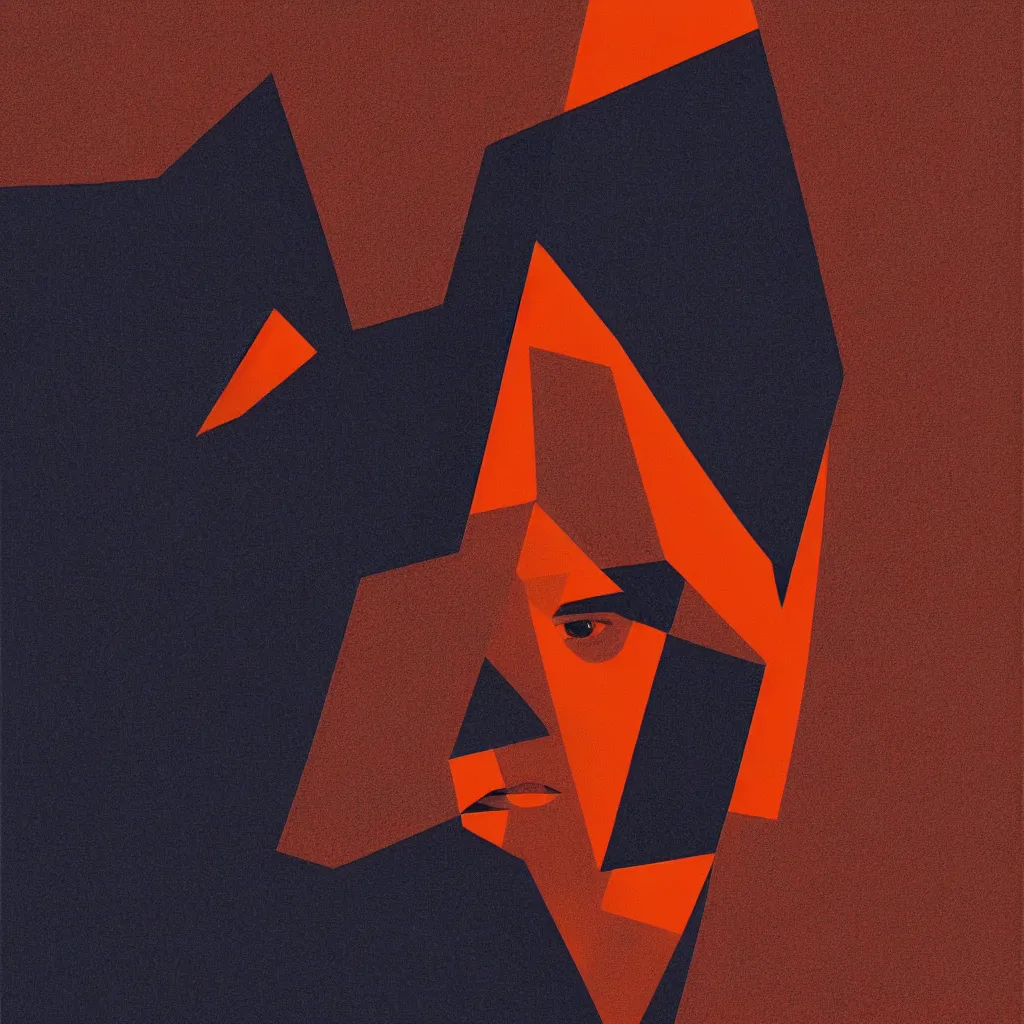 Image similar to structured face, mads berg, karolis strautniekas, film noir, stippled light, dramatic lighting, editorial illustration, detailed, fine texture, matte print, art deco, brutalism, dark blue + dark orange, red, black, ( ( habitat 6 7 background ) )