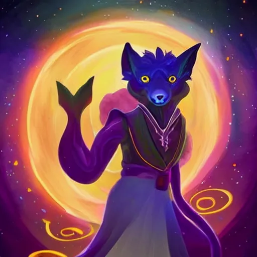 Image similar to a stylized painting for an avatar of an awesome cosmic powerful luxurious foxfolk mage themed around death and the cosmos, in the style of dnd beyond avatar portraits, beautiful, artistic, elegant, lens flare, magical, lens flare, nature, realism, stylized, art by jeff easley and genndy tartakovsky