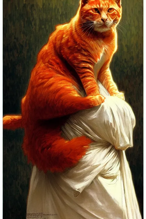 Prompt: painted portrait of rugged fat orange cat, masculine, powerful, handsome, upper body, white robe, fantasy, intricate, elegant, highly detailed, digital painting, artstation, concept art, smooth, sharp focus, illustration, art by gaston bussiere and alphonse mucha