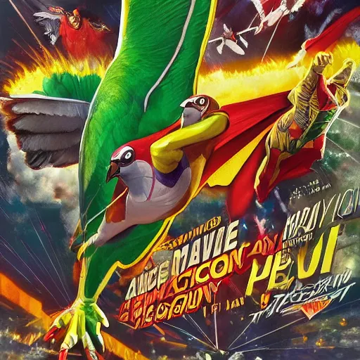 Image similar to action pigeon hero Michael Bay movie poster featuring Marvel Majestic Fat Pigeon in a extravagant full pigeon body green suit by Alex Ross, oil painting