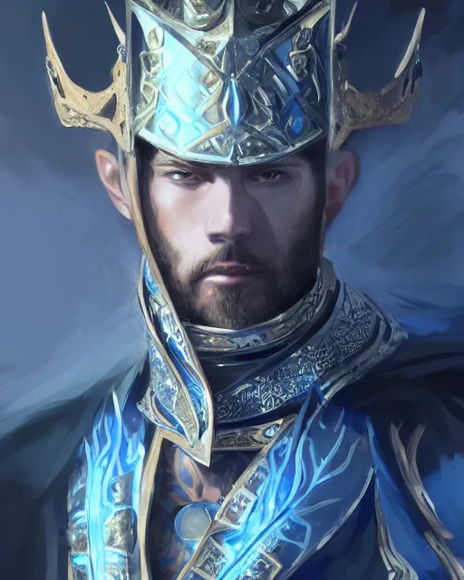 Image similar to concept art, full body portrait of king sorcerers, ornate, blue and silver, armor, robes, hyperrealistic, 4 k, unreal engine, highly detailed, dramatic lighting, beautiful, atmospheric lighting, visible face, by makoto shinkai, stanley artgerm lau, wlop, rossdraws