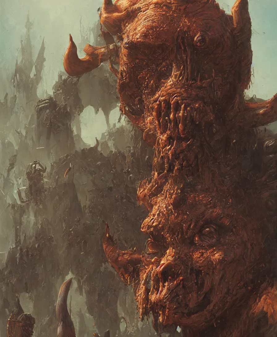 Image similar to portrait close up devil in judgement day, illustrated by Simon Stålenhag and Gaston Bussiere, intricate, ultra detailed, photorealistic, trending on artstation