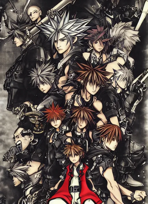 Image similar to kingdom hearts cover art by yoji shinkawa and yoji shinkawa and yoji shinkawa and yoji shinkawa and yoji shinkawa