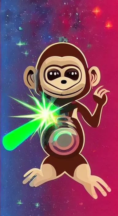 Image similar to “ small monkey with laser gun in large empty space, digital art, super aesthetic, art station children drawing style, award winning ”