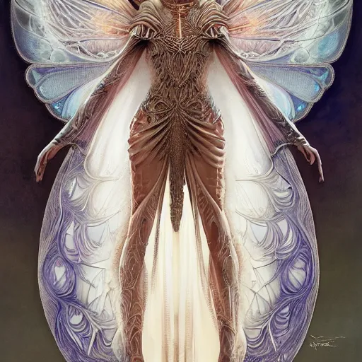 Image similar to a beautiful symmetrical woman full body wearing a kaftan dress with translucent wings by alex gray and android jones , Karol Bak, Ayami Kojima, Amano , concept art, character design, fantasy,3D, 8k resolution