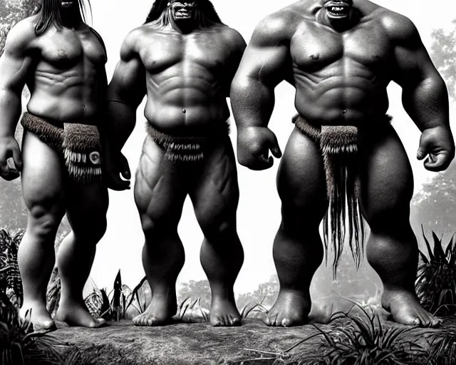 Image similar to hyper realistic group vintage photograph of a live action warcraft orc warrior tribe in the jungle, tall, hulk like physique, detailed faces, tribal paint, tribal armor, grain, old, monochrome, sepia toned, realistic lighting, wide angle