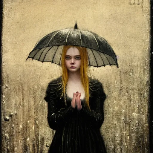 Image similar to a striking esoteric painting of Elle Fanning in the rain, dark, metal, black background, occult, by John William Waterhouse