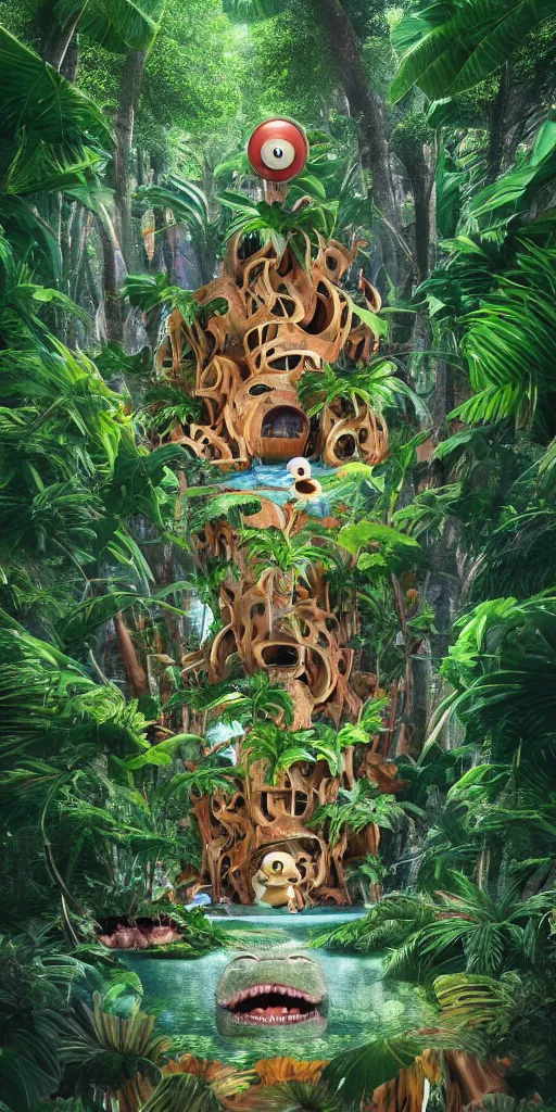 Image similar to of a tropical rainforest lake with strange cute friendly happy creatures with huge eyes, mouth, long tongue, round teeth and goofy face, appearing from the treesl, in the style of gehry and gaudi, macro lens, shallow depth of field, ultra detailed, digital painting, trending artstation, concept art, illustration, cinematic lighting, photorealism, epic, octane render