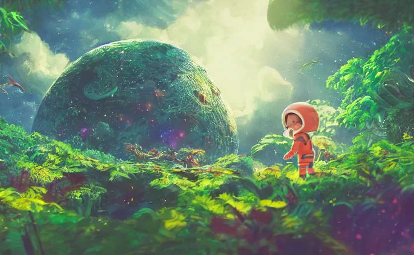 Image similar to a still of a cute adorable tiny astronaut, on a planet of lush colorful foliage, with an enormous kaiju space dragon surrounding the full background, magical forest, sharp focus, neon backlit, highly detailed, disney pixar studio ghibli makoto shinkai, digital painting, matte, octane render, global illumination, iridescent, anime, 8 k concept art