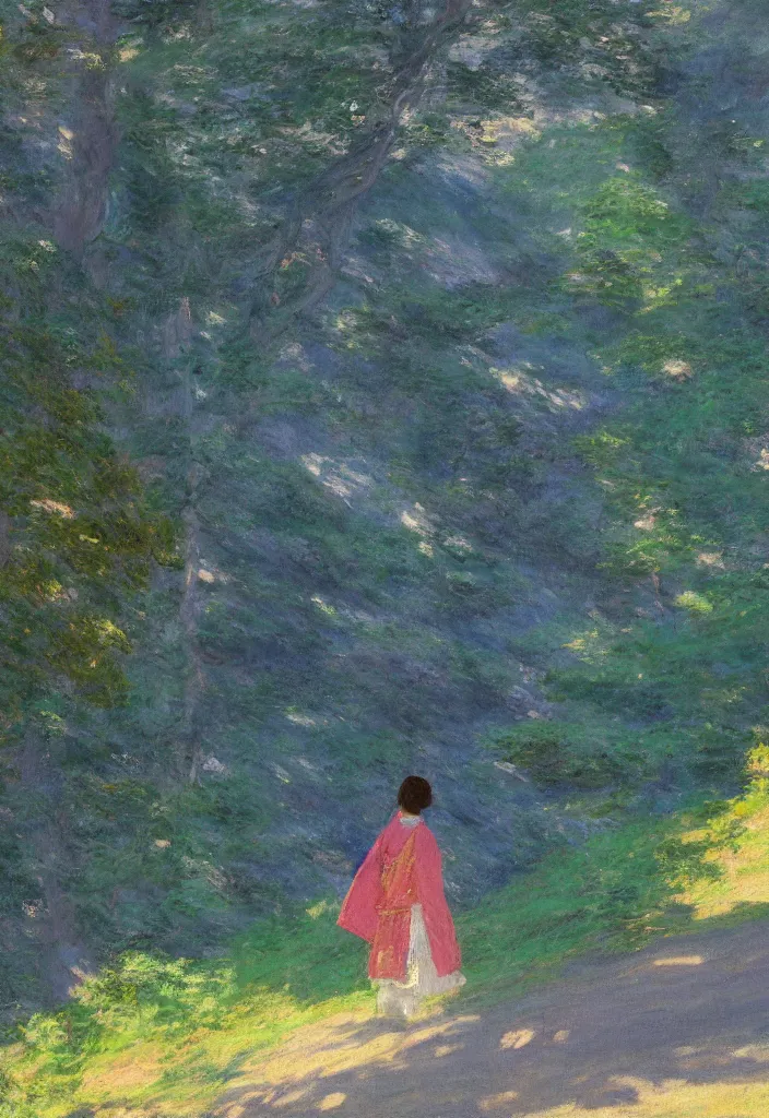 Image similar to tiny character in front of a huge japanese temple in the mountain. gorgeous epic nature, lofi, vivid colors, amazing light, by jeremy lipkin, by claude monet, heavily inspired by makoto shinkai, kandinsky touches, masterpiece, multiple brush strokes, impressionist style