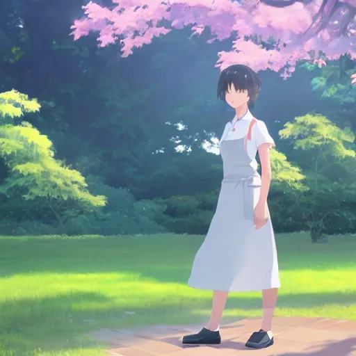 Prompt: a beautiful full body portrait of a young woman wearing an apron standing in a park, kantoku, makoto shinkai, james gilleard, very detailed, matte, gaussian blur, tone mapped William-Adolphe