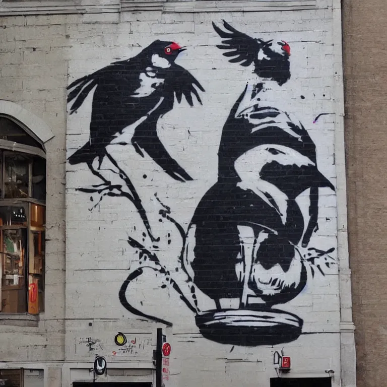 Prompt: Street-art painting of La Colombe in style of Banksy, photorealism