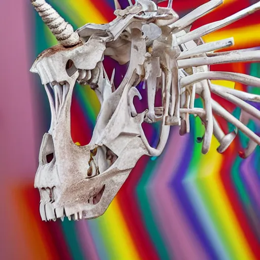 Image similar to complete unicorn skeleton in a museum, detailed photograph 8 0 mm long shot minimalist background