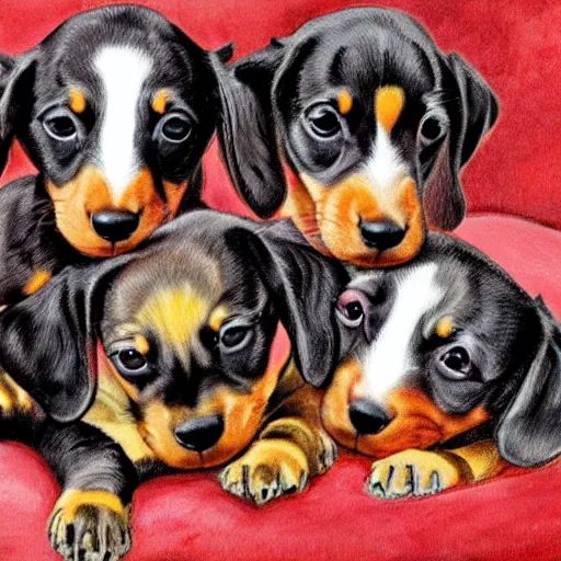 Image similar to color painting of many dachshund puppies cuddling together on the living room floor,