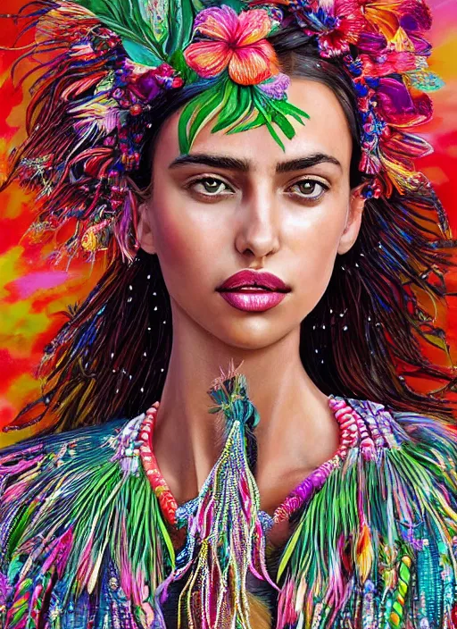 Prompt: beautiful portrait of Irina Shayk wearing fantastic Hand-dyed cotton dress,embellished beaded feather decorative fringe knots ,colorful pigtail,subtropical flowers and plants,symmetrical face,summer,intricate,elegant,highly detailed,8k,post-processing,digital painting,trending on pinterest, GUCCI,vogue,concept art, sharp focus, illustration, by artgerm,Tom Bagshaw,Lawrence Alma-Tadema,greg rutkowski,alphonse Mucha