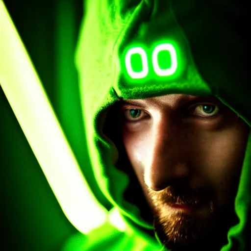 Prompt: portrait of a programmer with green hood by greg rutkowski, neon light, close up