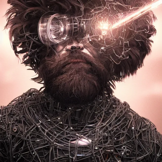 Image similar to realistic, dark hairy handsome man, love, joy, complex cybernetic beings, glowing hair, vortexes, large array, ornate hair, 3 d model, fish eye, round form, cinematic light shadows, wet hdr refractions, insanely detailed rendering, artstation, 8 k, * * * * *