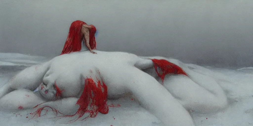 Image similar to a surrealist painting of a lonely woman with white skin and red hair standing over pile of bodies in post apocalyptic snowy landscape, painted by beksinski