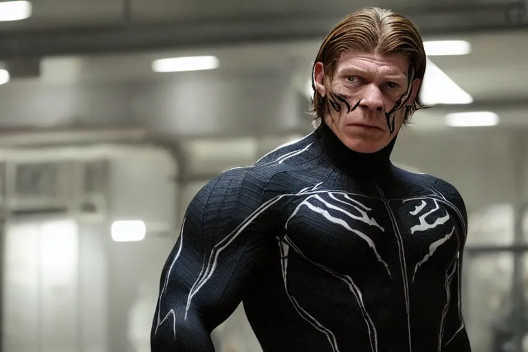 Image similar to film still of Thomas Haden Church as Eddie Brock wearing Venom costume without headpiece in Spider-man 3 2007, 4k