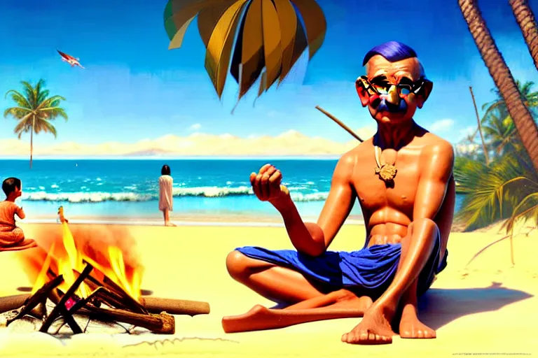 Prompt: gandhi at the beach, sitting on the sand next to a campfire, with palm trees in the back, by artgerm, ilya kuvshinov katsuhiro villeneuve, jeremy lipkin and michael garmash and rob rey, disney pixar zootopia, by tristan eaton, stanley artgermm, tom bagshaw, greg rutkowski, carne griffiths