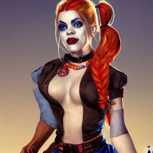 Image similar to Harley Quinn but she's a beautiful ape with long pony tails on either side of her head, mucha, mayhem, illustration, by James Jean, artgerm, octane render, by John Coltrane and Marc Simonetti, Manic, inspired by Greg rutkowski, colorful, studio lighting, high detail of the face, full body