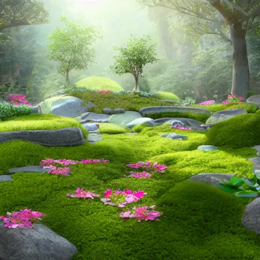 Image similar to hyper realistic render of a heavenly garden of peace, filled with trees, stone slab, flowers, moss, ferns, a girl meditating at a distance, trending on artstation, volumetric lighting, hyper realistic, hyper detailed, high quality render, blender guru