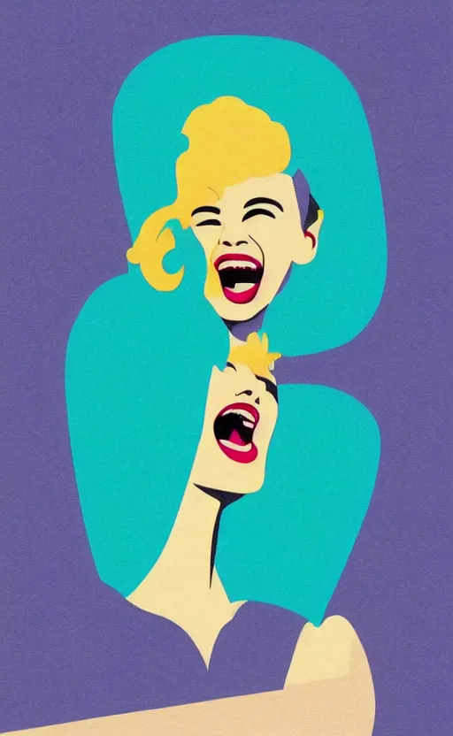 Image similar to illustration portrait of a woman with white pixie cut laughing out loud, art deco painting by tom whalen, funny meme photo, trending on behance, digital illustration, storybook illustration, grainy texture, flat shading, vector art, airbrush, pastel, watercolor, poster