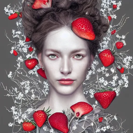 Image similar to the portrait of an absurdly beautiful, graceful, elegant, sophisticated, fashionable woman made of strawberries and white petals looking down, an ultrafine hyperdetailed illustration by kim jung gi, irakli nadar, intricate linework, bright colors, octopath traveler, final fantasy, unreal engine 5 highly rendered, global illumination, radiant light, detailed and intricate environment