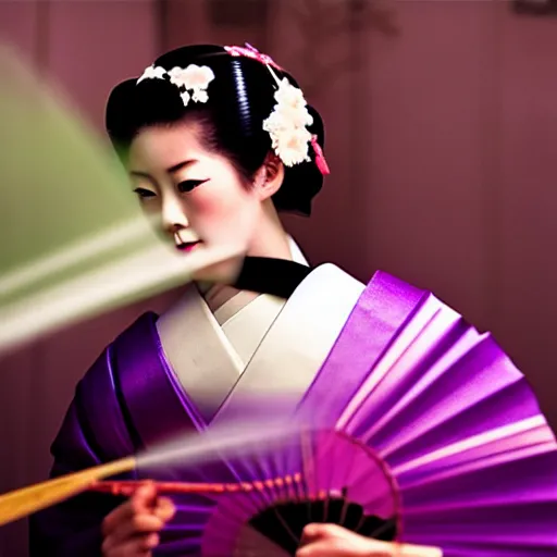 Image similar to Japanese geisha with beautiful violet paper fan, 4k photography, 30 mm lens, cinematic light, warm atmosphere, in style of Kar Wai Wong, cigarette smoke trail