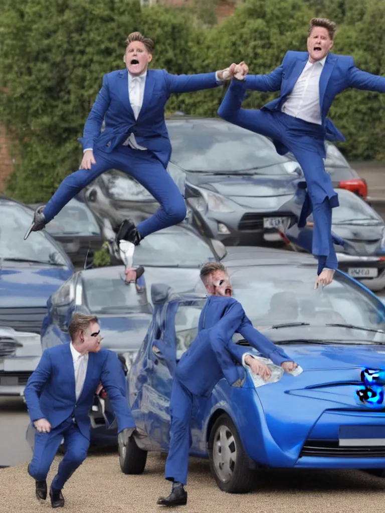 Image similar to !dream Sir Kier Starmer wearing a blue suit jumping on top of a toyota yaris