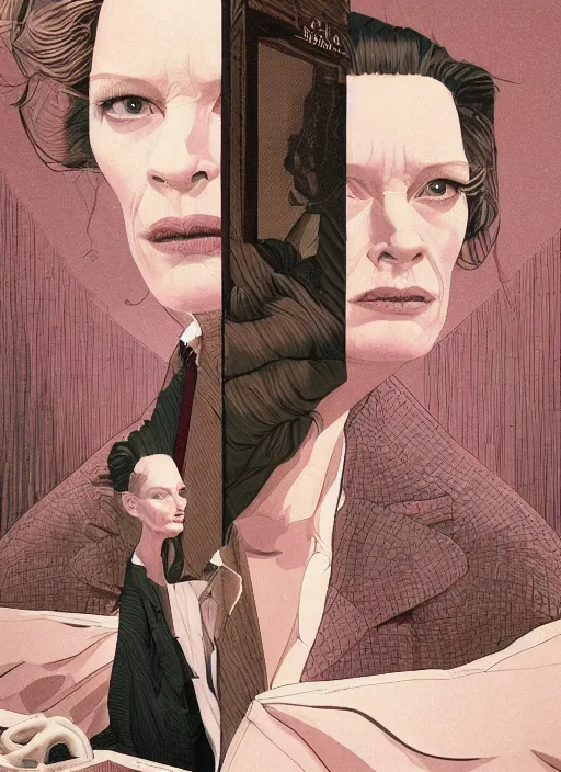 Image similar to Twin Peaks poster artwork by Michael Whelan, Bob Larkin and Tomer Hanuka, Karol Bak of portrait of radio host Tilda Swinton lounging in her radio sound booth, alone, late at night, from scene from Twin Peaks, simple illustration, domestic, nostalgic, from scene from Twin Peaks, clean, cover of New Yorker magazine