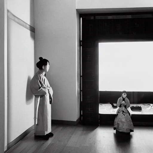 Prompt: woman in traditional hanbok waiting in living room while the shadow of a giant Kaiju-eiga starfish monster is behind the screen window, 35mm film still, monochrome Wes Anderson and Fritz Lang