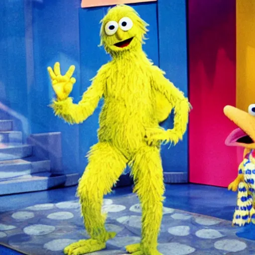 Image similar to Dr Manhattan on sesame Street laughing with big bird, cartoon