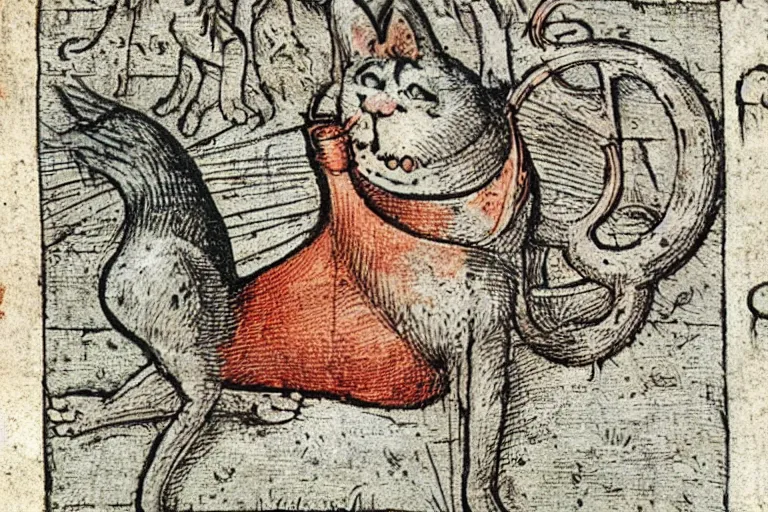 Prompt: Detail from Nuremberg Chronicle, 1493, of a cat, Liber Chronicarum illustration by Michael Wolgemut