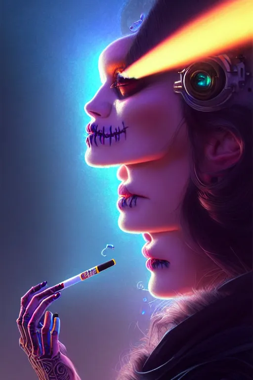 Prompt: ultra detailed, beautiful female android smoking a cigarette, scifi, fantasy, ( dia de los muertos ), triadic color scheme, intricate detailed, global illumination, concept art. smoke, calm, noir. art by godmachine and michael welan and rossdraws and artgerm and greg rutkowski and loish and wlop. 8 k, hdr