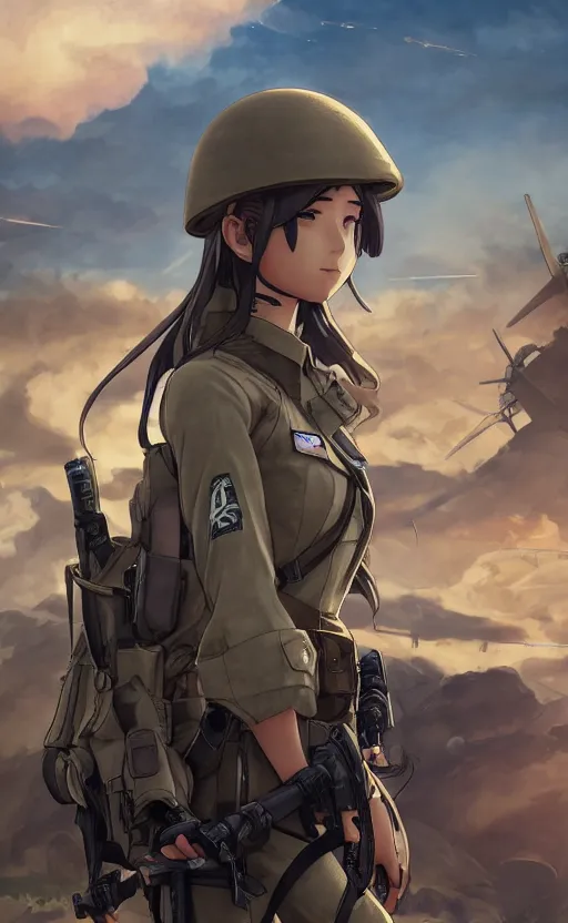 Image similar to panoramic view, a pilot girl, soldier clothing, battlefield in background, anime style, hair down, symmetrical facial features, realistic hands, from arknights, hyper realistic, 4 k, extreme detail, 1 0 1 st airborne, trending artstation, safebooru, realistic lighting, by alphonse mucha, greg rutkowski, sharp focus