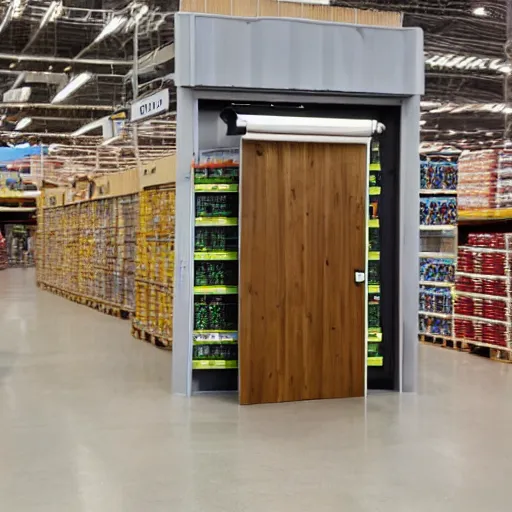 Prompt: a wooden door inside a costco that opens into a beautiful meadow, photo, 8 k